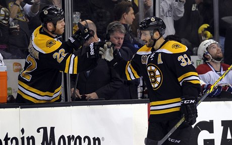 Shawn Thornton (vlevo) a Patrice Bergeron.