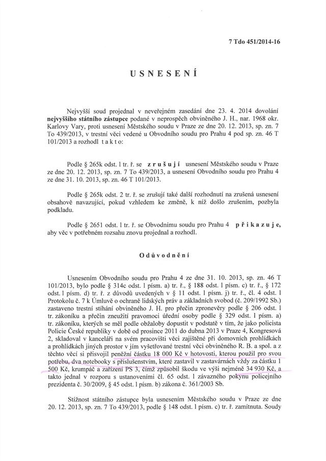 Usnesení Nejvyího soudu v kauze netrestaného policisty 1.