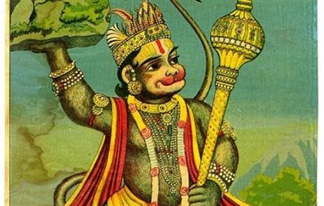 Zpodobnní Hanumana nesoucího horu, rok 1910.