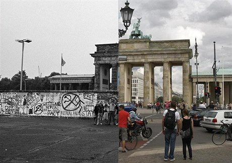 Braniborská brána a berlínská ze v roce 1989 a nyní.