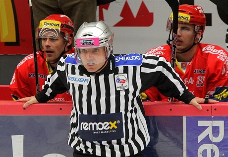 Hokejový rozhodí bhem utkání extraligy (ilustraní foto).