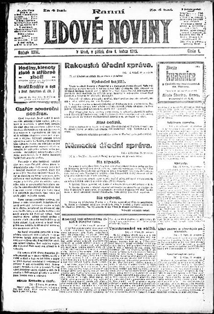 Titulní strana Lidových novin 1. ledna 1915.