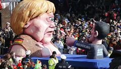 Angela Merkelová zobrazena jako kyklop a ecký premiét Tsipras útoící prakem