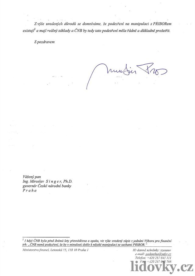 Dopis námstka ministra financí Martina Prose upozorující na údajnou...
