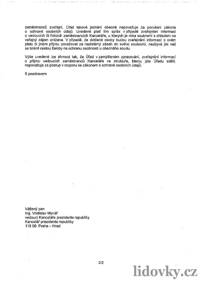 Odpov Úadu na ochranu osobních údaj kancléi Vratislavu Mynáovi.