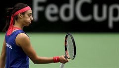 France's Caroline Garcia reacts during their semi-final match of the Fed Cup...