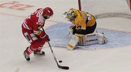 Zbynk Irgl se pokouí obelstít litvínovského brankáe Pavla Francouze.