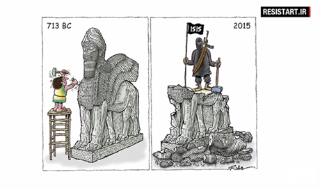 Autoi karikatur se zamili i na niení památek Islámským státem.