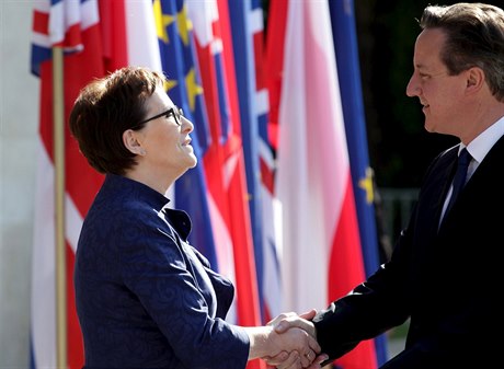 Polská premiérka Ewa Kopaczová vítá ve Varav svj britský protjkek Davida...