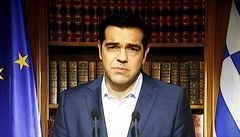 ecký premiér Alexis Tsipras pi svém televizním projevu, ve kterém vyzval...
