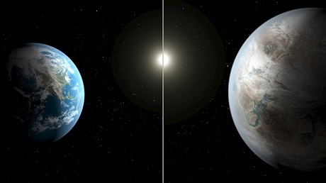 Ilustrace NASA ukazuje srovnání Zem s nov objevenou exoplanetou Kepler-452b.