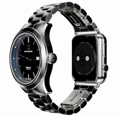 Klasické hodinky a Apple Watch na jednom emínku.