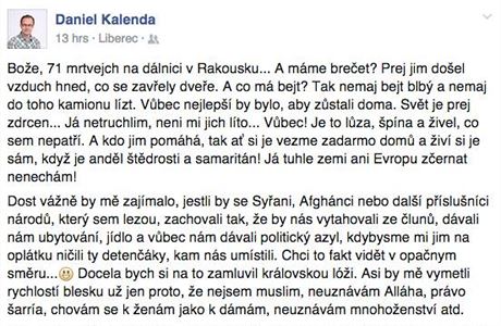 Daniel Kalenda se na svm facebookovm profilu opel do migrant.