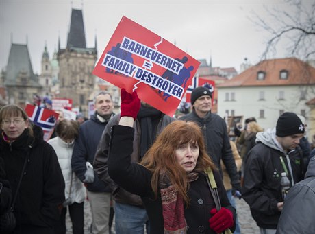 Úastníci demonstrace proti norské organizaci Barnevernet.