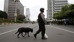 Indonéský policista obchází místo se psem.