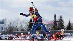 Gabriela Soukalova of the Czech Republic leaves the shooting range on her way...