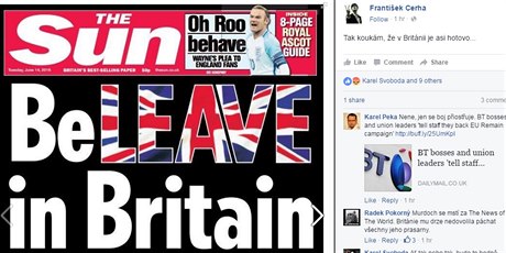 Tituln strana britskho bulvrnho listu The Sun ze 14. ervna 2016 - devt...