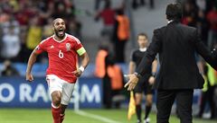 Ashley Williams oslavuje s Waleským trenérem  Chrisem Colemanem.