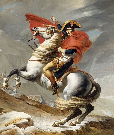 Idealizovaný Napoleon pechází Alpy na svém bílém oi od Jacques-Louis Davida...