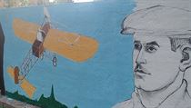 Malba na zdi bval pardubick Prokopky znzoruje slavnho letce.