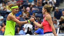 Lucie afov a Simona Halepov po vzjemnm kln na US Open.