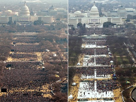 Porovnání fotek z inaugurace exprezidenta Baracka (vlevo) Obamy a Donalda...