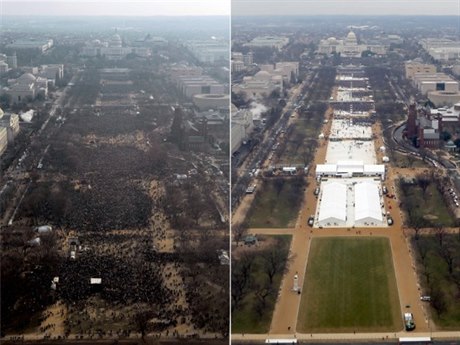 Porovnání dav na inauguraci prezidenta Obamy (vlevo) a prezidenta Trumpa...