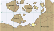 Paleogeografick mapa svta v kambriu, ukazujc velikost larvlnch stdi...