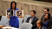 Americk zstupkyn v OSN Nikki Haleyov ukazuje bhem mimodnho jednn rady...