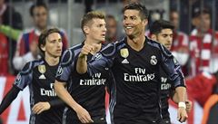 Cristiano Ronaldo slaví gól v zápase Bayern Mnichov vs. Real Madrid.