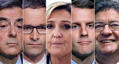 Tváe pti nejsilnjích kandidát v prezidentské volb. Zleva Francois Fillon,...