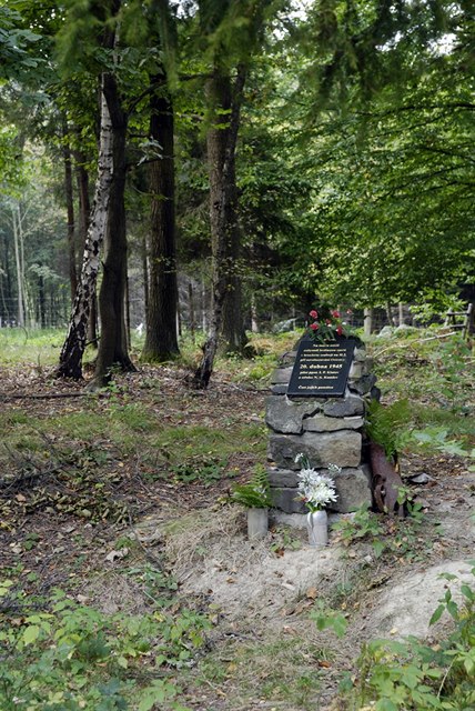V lese stojí malý pomníek pipomínající památku letc