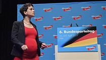 Frauke Petry pichz na pdium bhem konvence strany AfD v Koln nad Rnem