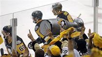 Famouek Pittsburghu slav s replikou Stanley Cupu.