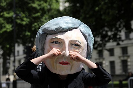 Protestant navlékl masku Theresy Mayové a pedvádí plá.