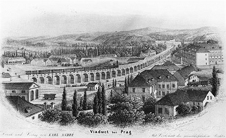 Historické zobrazení praského Negrelliho viaduktu z 19. století.