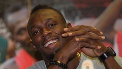 Usain Bolt na poslední tiskové konferenci ped Zlatou tretrou.