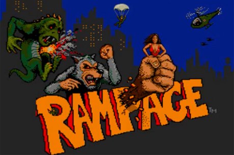 Úvodní obrazovka retro videohry Rampage (1986).