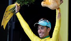 Fabio Aru se poprvé v kariée navlékl do lutého dresu pro vedoucího mue Tour...