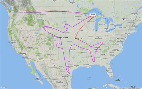 Boeing pi testovacím letu nakreslil nad Amerikou tvar letadla