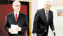 Jiří Drahoš a Miloš Zeman ve volebních místnostech. Jiří Drahoš a Miloš Zeman ve volebních místnostech.