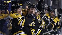 Útočník Bostonu Ryan Donato (vlevo) slaví s Dantonem Heinenem (43) první gól v... | na serveru Lidovky.cz | aktuální zprávy