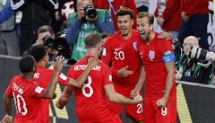 MS ve fotbale 2018, Kolumbie vs. Anglie: angliané slaví gól Kanea.