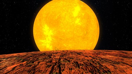 Umlecká pedstava pohledu z planety Kepler-10b na mateskou hvzdu