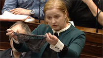 Poslankyně Ruth Coppingerová ukazuje na protest proti postupu soudu v dolní... | na serveru Lidovky.cz | aktuální zprávy