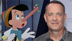 Kolá: Vpravo americký herec Tom Hanks, vlevo kreslená postavika Pinocchio.