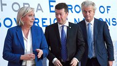 Marine Le Penová, Tomio Okamura a Geert Wilders na konferenci evropských krajn...