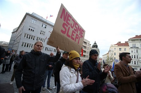 Zábr z brnnské demonstrace, kde lidé protestují proti Babiovi a Beneové.