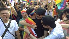 Same-sex marriage supporters hug outside the Legislative Yuan in Taipei,...