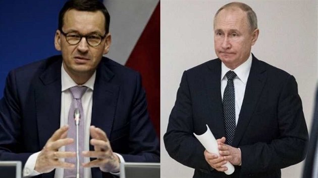 Polský premiér Mateusz Morawiecki (vlevo) vs ruský prezident Vladimir Putin.